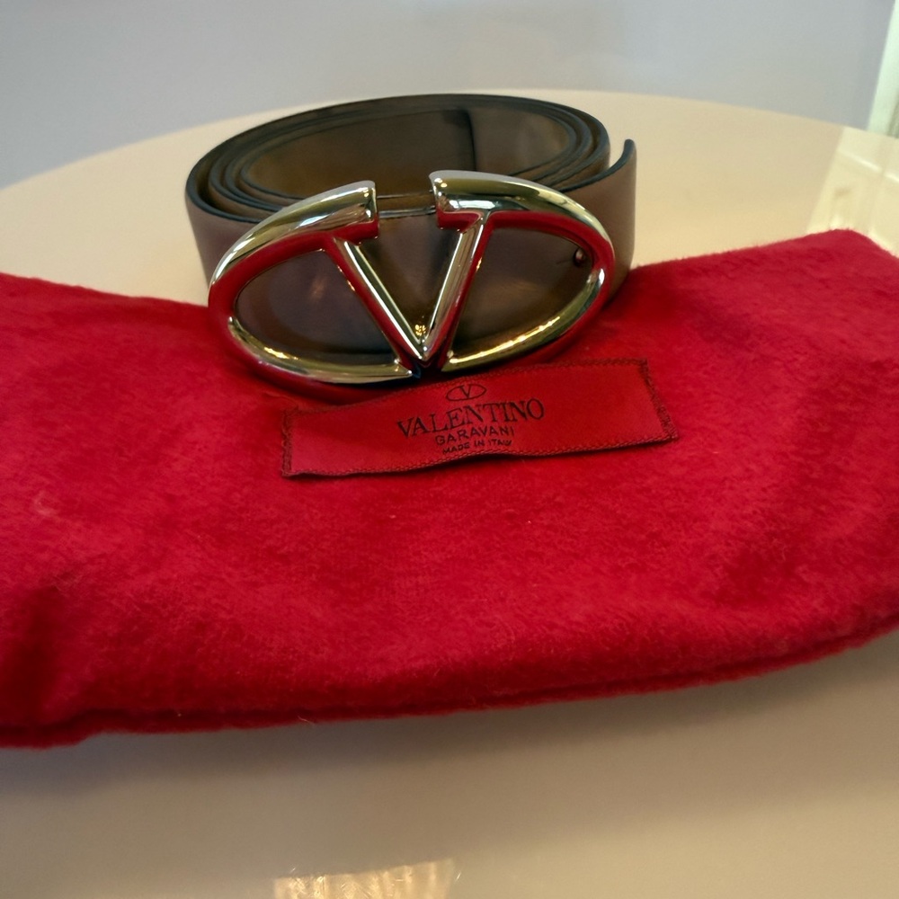 Valentino Tan Leather Belt with Gold V Logo Buckle